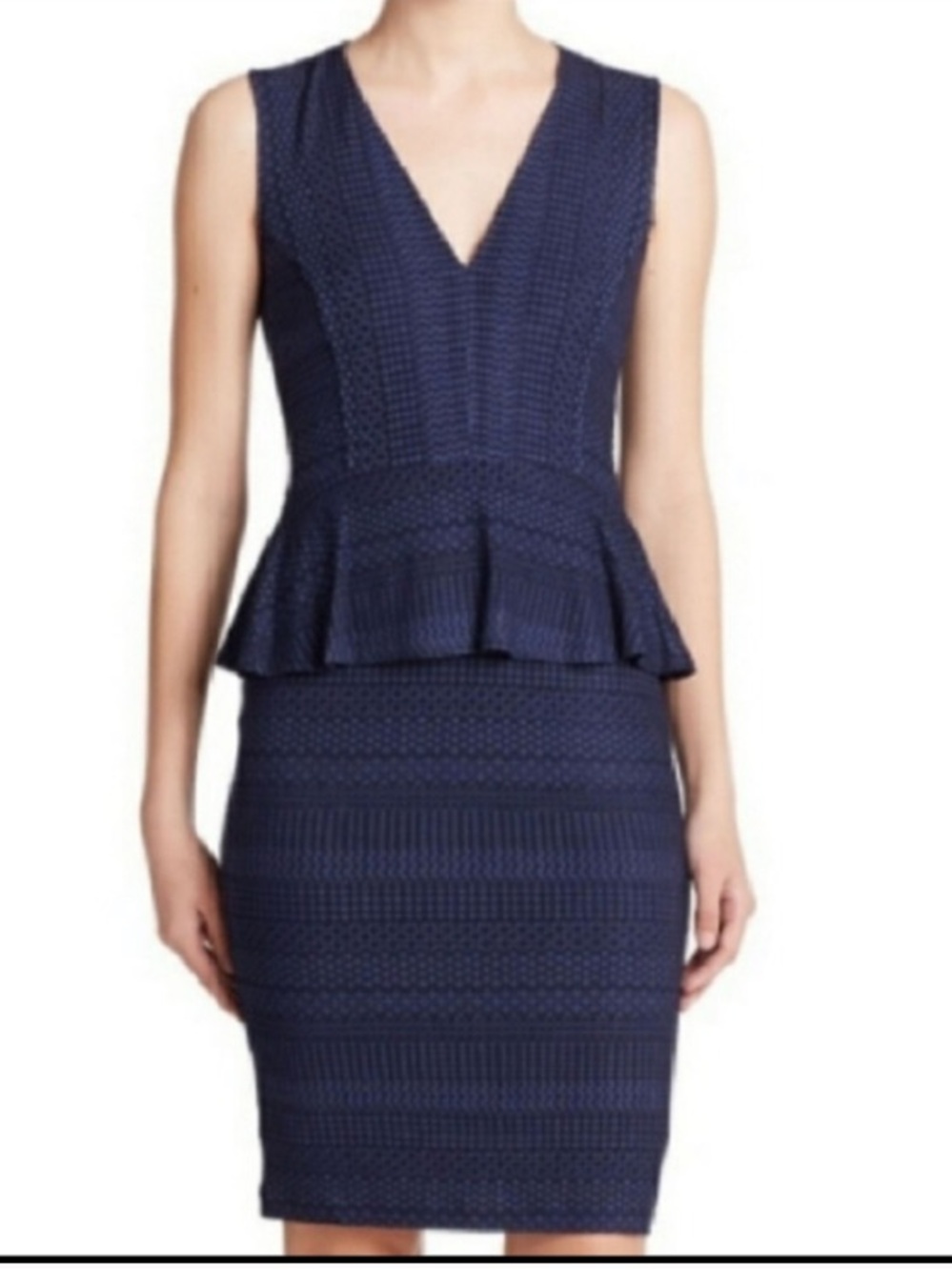 BCBGMaxAzria Navy Blue Textured Pattern Knit V-Neck Peplum Mini Dress